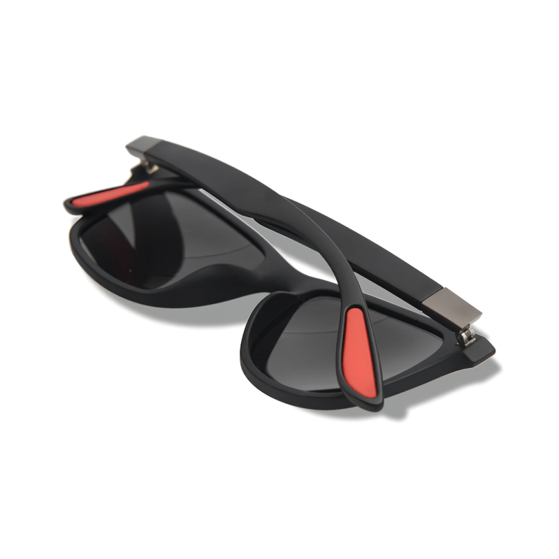 Square Style Ultralight Polarized Sunglasses SF0950 folded, showcasing black TR90 frame with red accents, perfect for men and women.